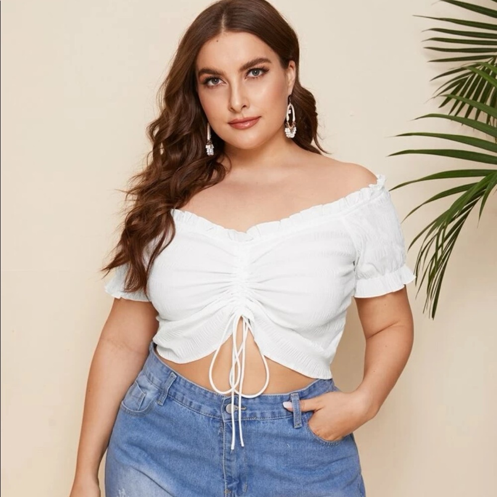 White Ruched Off-the-Shoulder Crop Top
